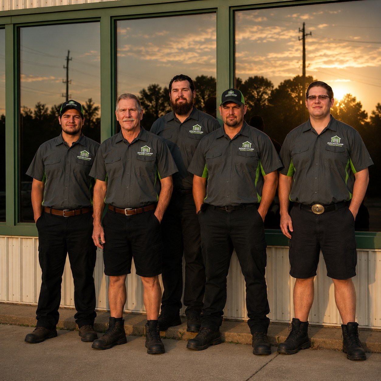 DoorChamp garage door service team in front of the shop and branded van
